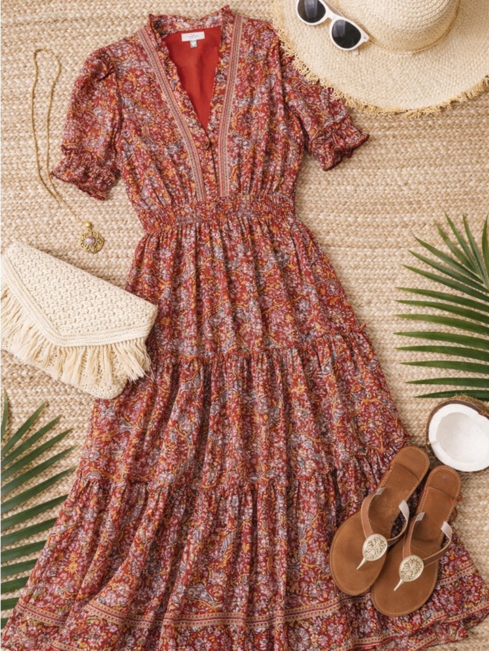 Max Studio London Red Floral Tiered Maxi Dress Boho V-Neck Smocked Waist Size M - Picture 2 of 6